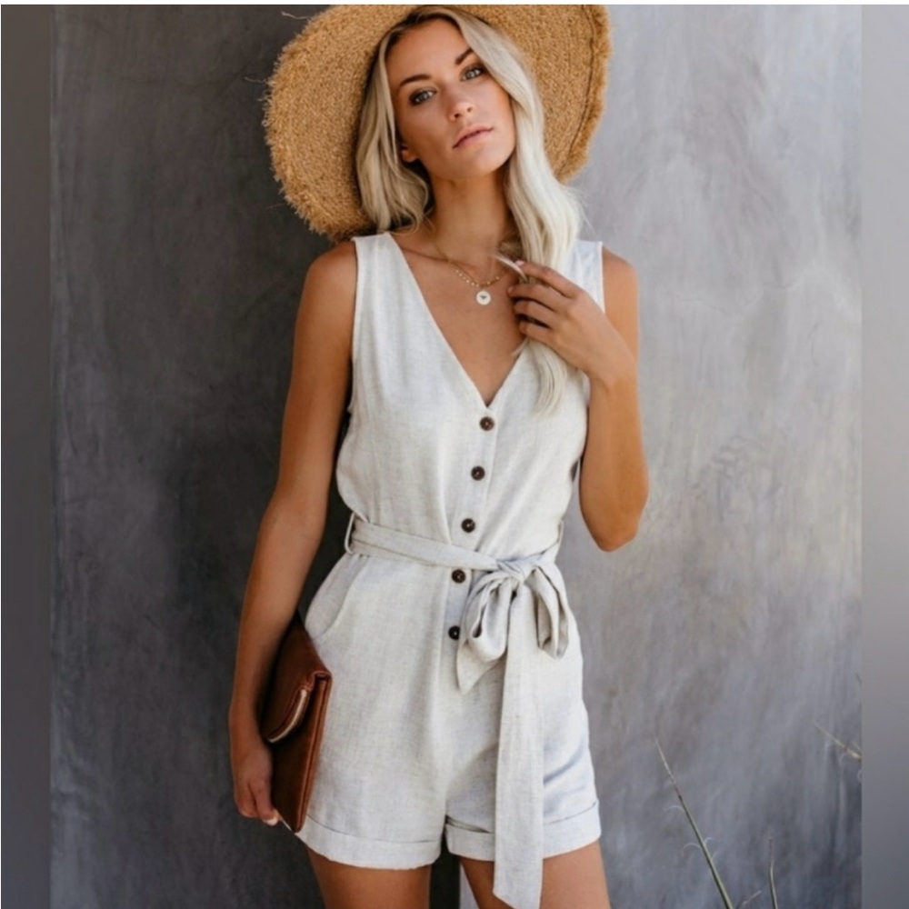 Sleeveless Beige Button-Down Romper